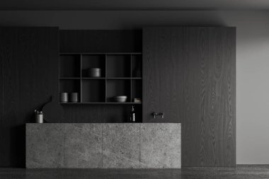 İçinde taş bar adası olan karanlık bir mutfak, raflarda modern mutfak gereçleri olan bir soba ve lavabo. Minimalist tasarımı olan karanlık ev yemekleri bölümü. 3B görüntüleme