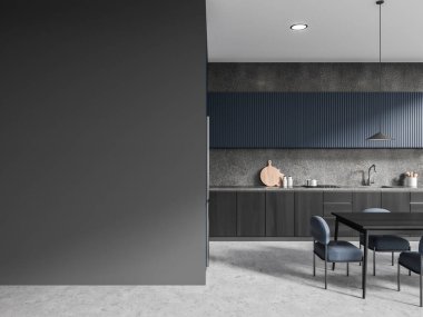 Karanlık ev mutfağı, yemek masası, koltuklar, gri beton zemin. Modern mobilyalarla yemek ve pişirme alanı ve boş duvarlar. 3B görüntüleme