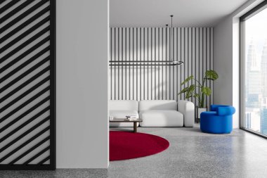 Beyaz duvarları, uzun beyaz koltuğu, rahat mavi koltuğu ve yuvarlak kırmızı halısı olan şık bir oturma odası. Soldaki boş duvar. 3d oluşturma