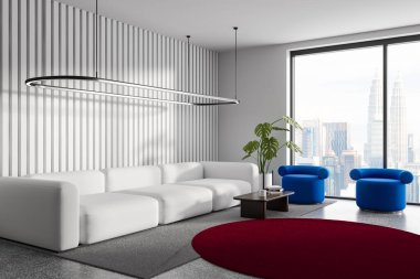 Beyaz oturma odasının içi kanepe ve kahve masalı koltuk, yan görüş gri beton zemin. Kuala Lumpur 'da panoramik pencereli rahat köşenin modern tasarımı. 3B görüntüleme