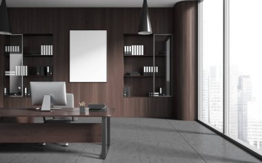 Masasında bilgisayar olan kahverengi bir iş odası. Kabinesi ve evrakları olan bir CEO. Gökdelenlerin panoramik penceresi. Tuvalin maketi posteri. 3B görüntüleme