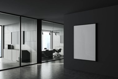 Gri ve ahşap duvarları, beton zemini, arka planda toplantı odası ve dikey maket posteri olan şık bir ofis. 3d oluşturma