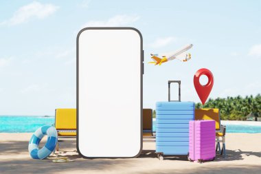 Akıllı telefon boş bir vitrin hazırlar, sahilde koltuklar, uçak ve bavullar bekler. Tatil ve online bilet rezervasyonu, otel ve dinlenme konsepti. 3B resimleme