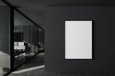 Ofisin içinde cam kapılar, sandalyeler ve büfelerin arkasında toplantı tahtası var. İş koridoru ve gri bölme ve sahte tuval posterleri. 3B görüntüleme