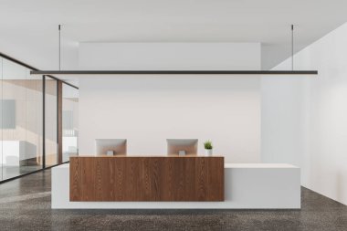 Resepsiyon masası, iki bilgisayar, şirket koridoru ve gri beton zemin. Cam kapılar ardında buluşma ve ortak çalışma alanı. 3B görüntüleme