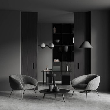 Gri duvarları, beton zemini, yuvarlak sehpanın yanında duran iki gri koltuğu ve arka planda ev ofisi olan şık bir oturma odası. 3d oluşturma