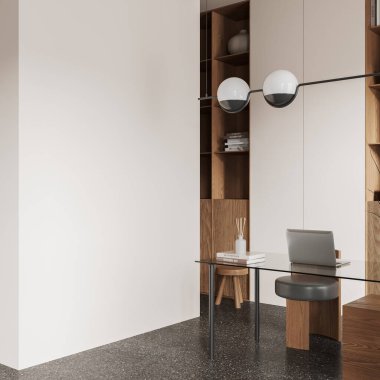 Cam masada dizüstü bilgisayarı, dekorasyonlu yan görüş rafı ve gri beton zemini olan bej ofis içi. Boş duvarları olan rahat bir iş köşesi. 3B görüntüleme