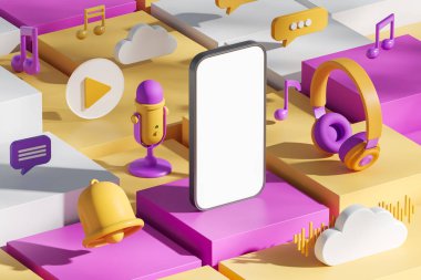 Telefonlar boş ekranı, kulaklıkları, mikrofonu ve müzik notalarını platformda oluşturur. Yayın hizmeti, abonelik ve mobil uygulama kavramı. 3B resimleme