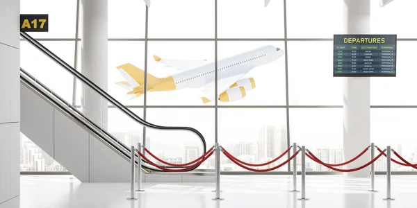 Salón Del Aeropuerto Con Escaleras Mecánicas Pantalla Salidas Ventana Panorámica —  Fotos de Stock