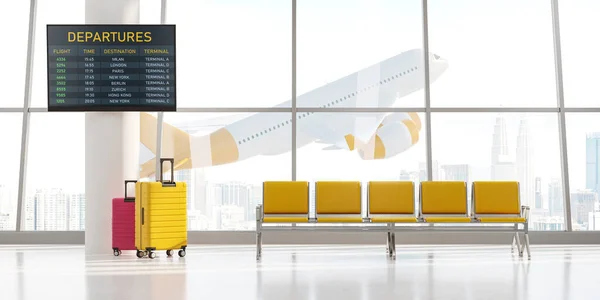Airport Waiting Area Yellow Seats Two Suitcases Departure Screen Flying — Stock Photo, Image