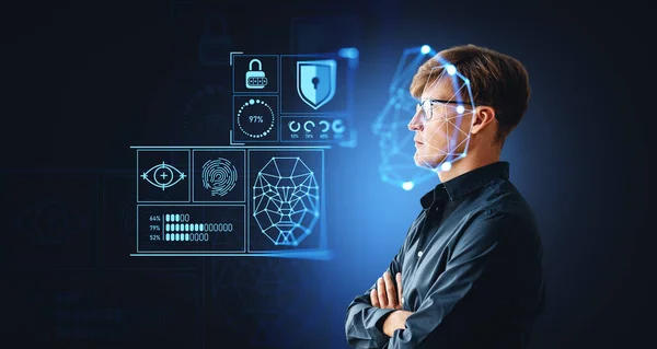Pensive Businessman Arms Crossed Digital Biometric Scanning Data Analysis Face — Stock Photo, Image
