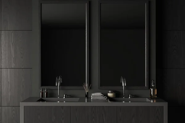 Interior Banheiro Elegante Com Paredes Painel Madeira Cinza Escura Pia — Fotografia de Stock