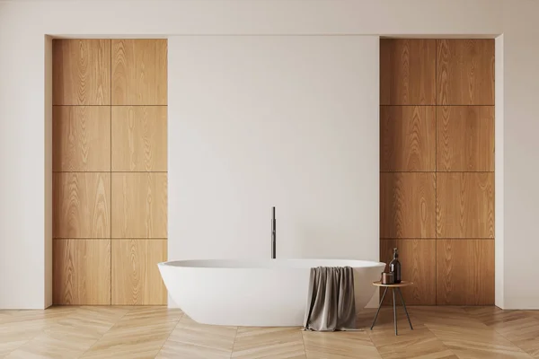 Beige Wooden Bathroom Interior Tub Stool Accessories Hardwood Floor Modern — Stock Photo, Image