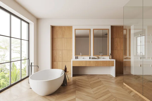 Interior Banheiro Moderno Com Paredes Brancas Madeira Piso Madeira Pia — Fotografia de Stock