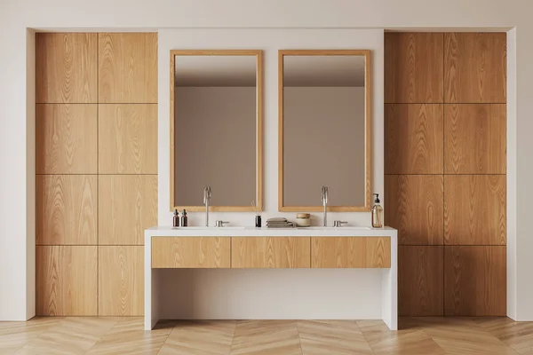 白色木制浴室内部与双水池和配件 两个镜子和简约的梳妆台在硬木地板 舒适的酒店浴场 3D渲染 — 图库照片