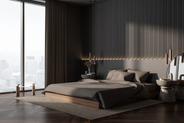 带装饰的棕色酒店卧房床和床头柜 侧景全景窗 可俯瞰巴黎城市风景 黑暗的角落 现代设计 3D渲染 — 图库照片