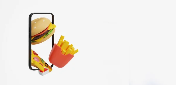 醒目的智能手机空白屏幕 落下披萨 薯条和汉堡包在空白的复制空间白色背景 快速食品递送的移动应用程序和网站 3D渲染说明 — 图库照片