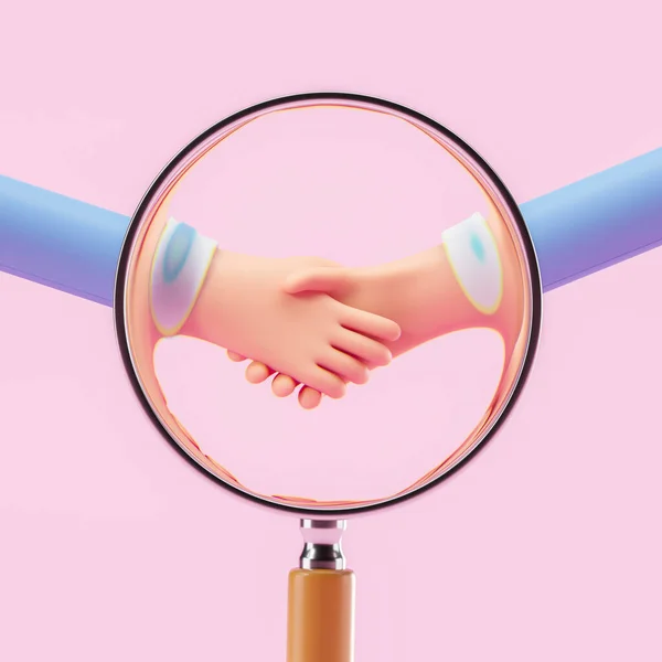 Weergave Cartoon Karakter Handdruk Grote Vergrootglas Roze Achtergrond Teamwork Partnerschap — Stockfoto