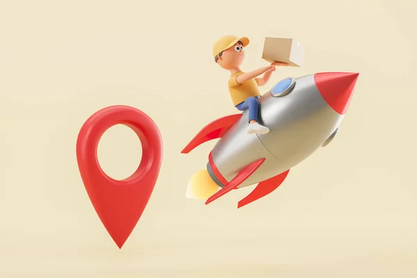 Renderização Mensageiro Personagem Desenhos Animados Foguete Voador Com Pacote Papelão — Fotografia de Stock