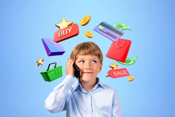 Lächelndes Kind Beim Telefonieren Internet Banking Kauf Und Verkauf Symbole — Stockfoto