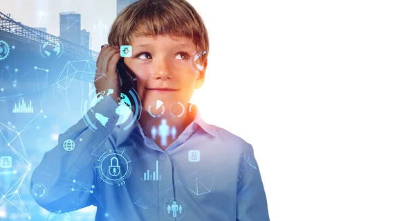 Leende Pojke Pratar Telefon Glödande Digitala Ikoner Och Dataskydd Metaverse — Stockfoto