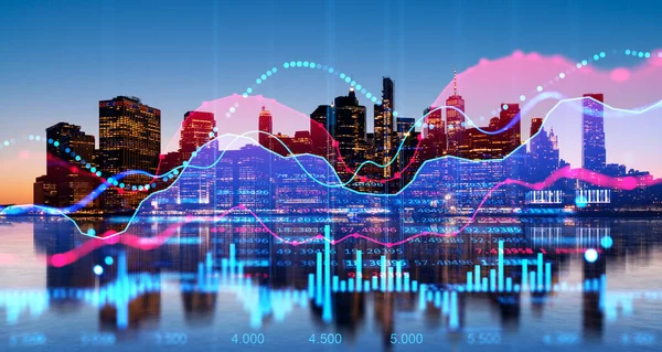 Şehir Manzarası Yansıması Iki Kat Dijital Forex Grafikleri Içeriyor Borsa — Stok fotoğraf