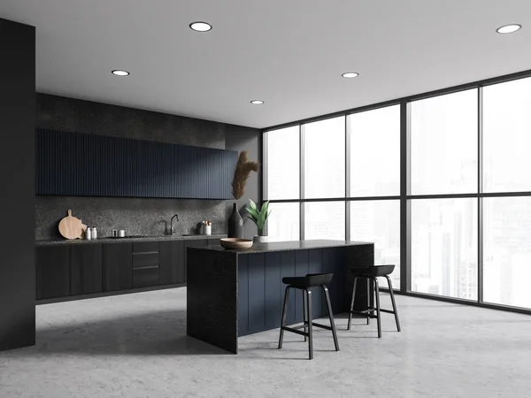 Interior Stylish Kitchen Gray Walls Concrete Floor Blue Cupboards Dark — Stock Photo, Image