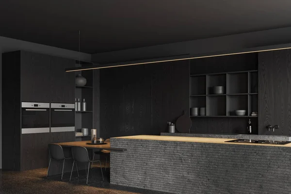 有灰色墙壁 石板地板 黑色橱柜 有椅子的石岛和两个烤箱的时尚厨房角落 3D渲染 — 图库照片