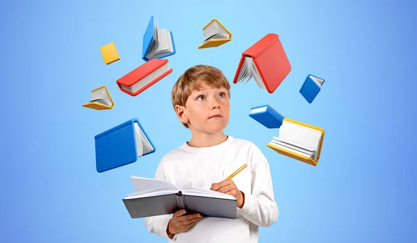 Barn Lärande Och Anteckningar Anteckningsbok Tittar Upp Flytande Färgglada Böcker — Stockfoto