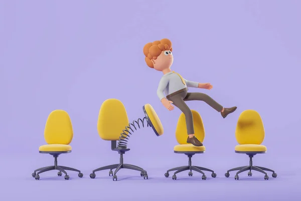 Rendering Cartoon Character Man Pushed Out Office Armchair Taken Position — Stock Photo, Image