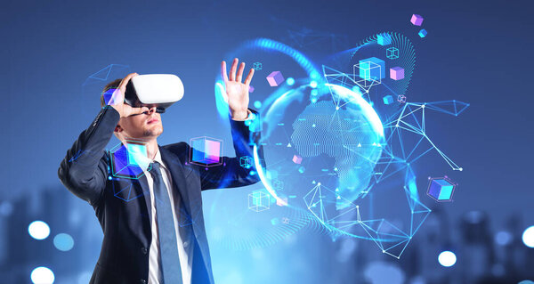 Businessman portrait working in vr glasses, hand touch cyberspace hologram hud on blurred cityscape background. Concept of metaverse and immersion