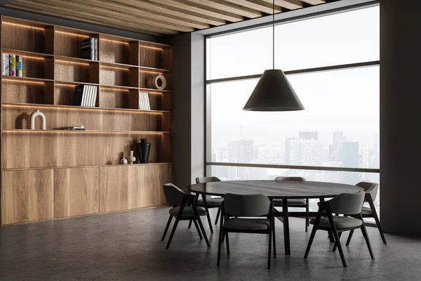 Interieur Des Modernen Büro Besprechungsraums Mit Grauen Wänden Rundem Konferenztisch — Stockfoto