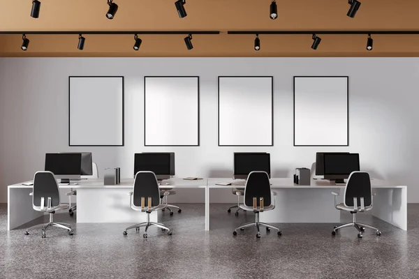 White Business Room Interior Shared Desk Computer Row Coworking Workplace — Stock Photo, Image