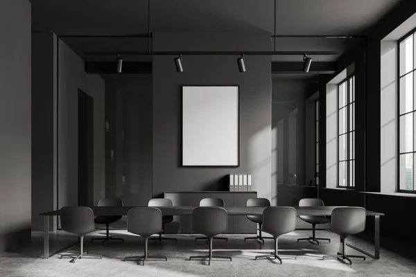 Dark office interior with meeting board, chairs and sideboard. Conference room with modern furniture and panoramic window. Mock up canvas poster. 3D rendering