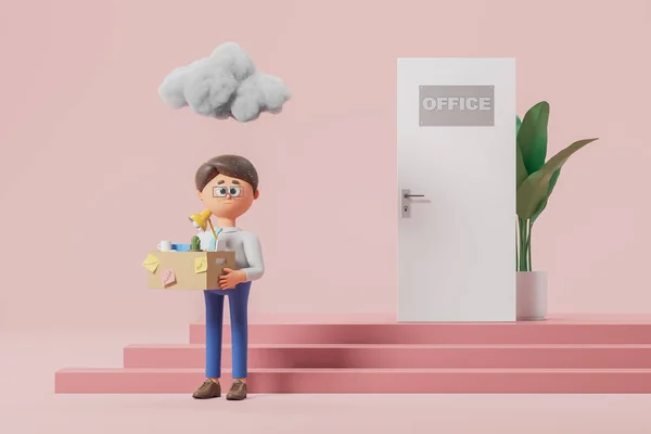 Rendering Cartoon Man Character Office Box Supplies Grey Cloud Head — Stock Photo, Image