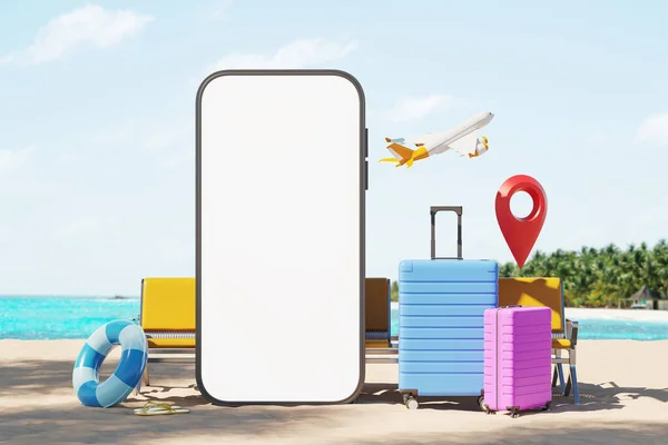 Smartfon Pozoruje Pusty Wyświetlacz Poczekalnie Samolot Walizki Plaży Koncepcja Wakacji — Zdjęcie stockowe