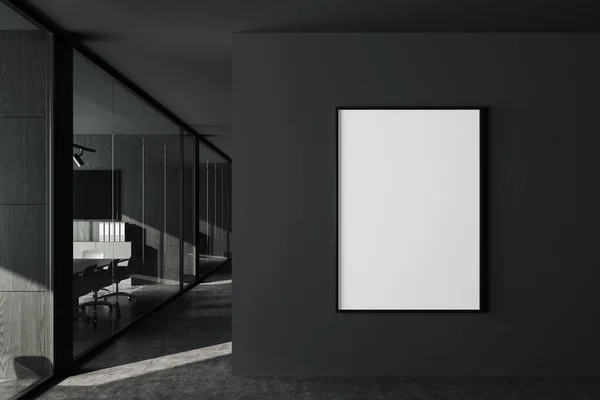 黑暗的办公室内部 会议板在玻璃门 椅子和餐具柜后面 商业走廊和灰色分区与模拟帆布海报 3D渲染 — 图库照片