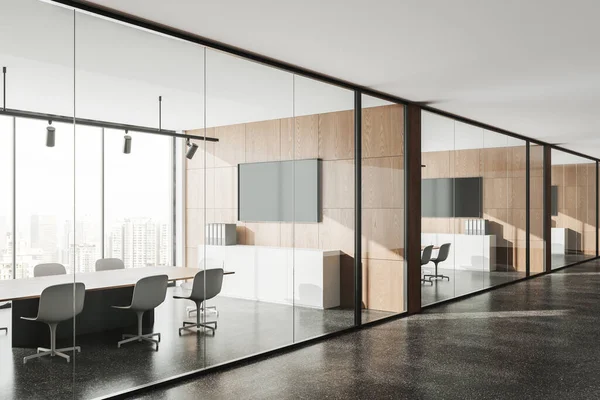 Stilvolles Business Flur Interieur Mit Besprechungsraum Hinter Glastüren Seitenansicht Grauer — Stockfoto