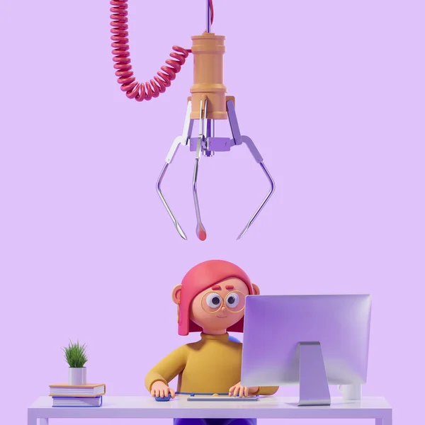 3D渲染 机器人手臂爪取代了卡通人物女性 与紫色背景的Pc计算机一起工作 技术概念和人工智能说明 — 图库照片