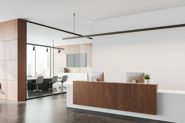 Interior Modern Office White Walls Concrete Floor White Wooden Reception — Stock Photo, Image