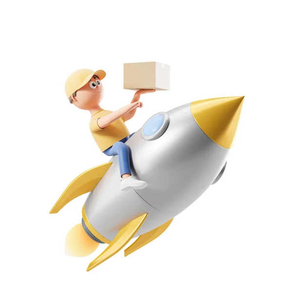 Vykreslování Cartoon Charakter Muž Kurýr Létající Raketě Drží Krabici Prázdném — Stock fotografie