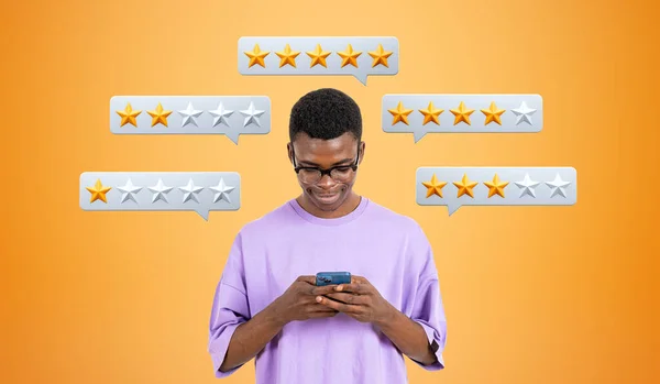 African man texting in phone, giving low and high rating online, speech bubbles with stars. Customer feedback, negative and positive review of services. Concept of review and survey
