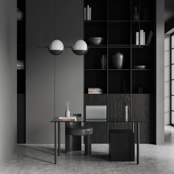 Темный домашний офисный интерьер с ноутбуком на стеклянном столе, минималистичный блеск с художественным оформлением на сером бетонном полу. Стильный дизайн рабочего места в квартире. 3D рендеринг