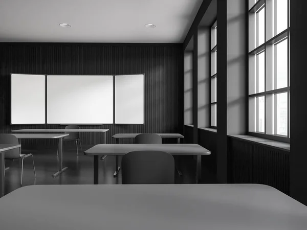Ciemno Stylowe Wnętrze Sali Lekcyjnej Biurkiem Krzesłem Rzędzie Makiety Przestrzeń — Zdjęcie stockowe