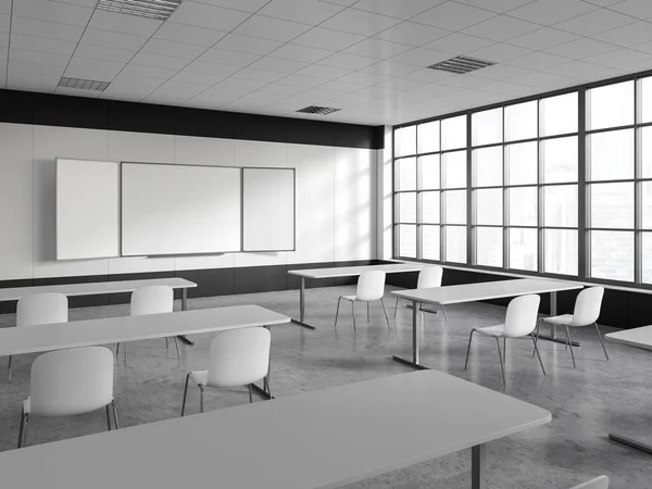 흰색이고 바닥이 의자가 줄지어 화이트보드 조롱하는 교실의 책임자이다 렌더링 — 스톡 사진