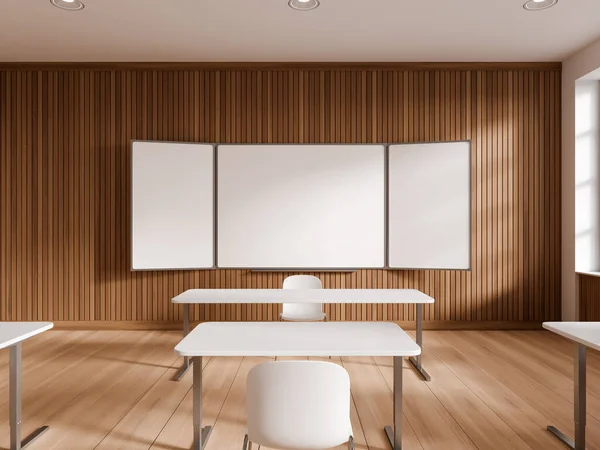 Interior Sala Aula Moderna Escola Com Paredes Brancas Madeira Piso — Fotografia de Stock