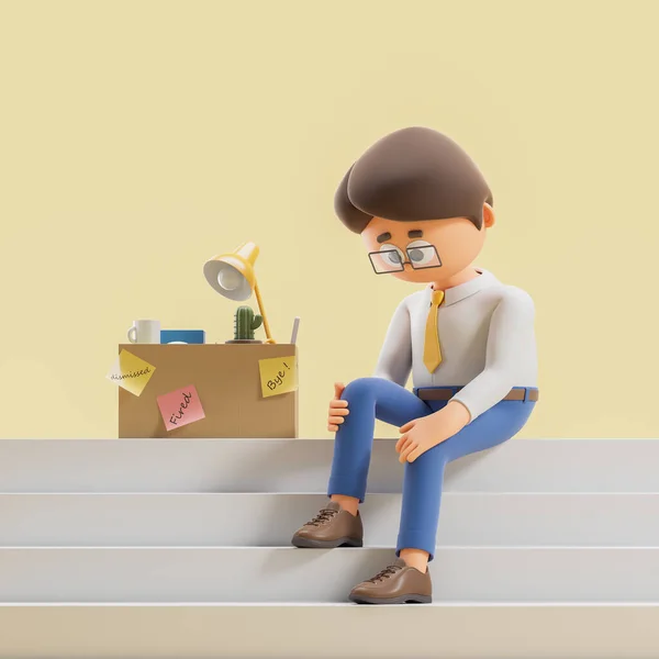 Vykreslování Charakter Kresleného Muže Sedícího Schodech Kancelářskými Nástroji Smutný Bezmocný — Stock fotografie