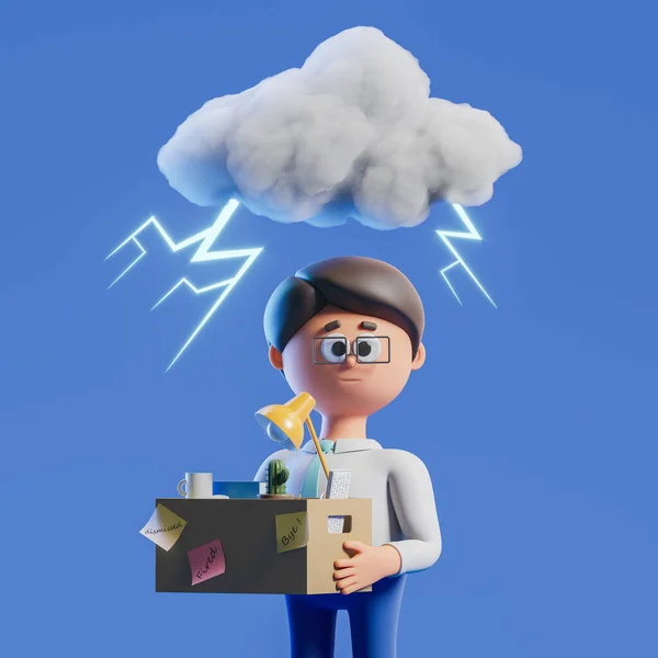 3d rendering. Dismissed cartoon man character with office box and supplies, storm cloud with lightning on dark blue background. Concept of fired and job loss illustration
