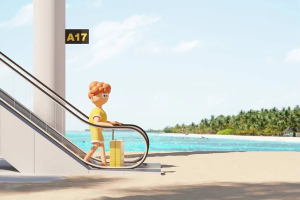 Pohled Kreslený Muž Turista Žlutým Kufříkem Eskalátoru Slunné Pláži Pojetí — Stock fotografie