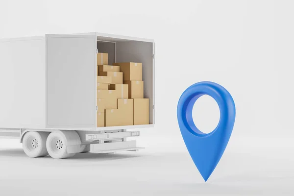 载满纸板箱的货车 侧视图 白色空背景上的大蓝色地理标记 订单交付 运输和导航的概念 3D渲染说明 — 图库照片